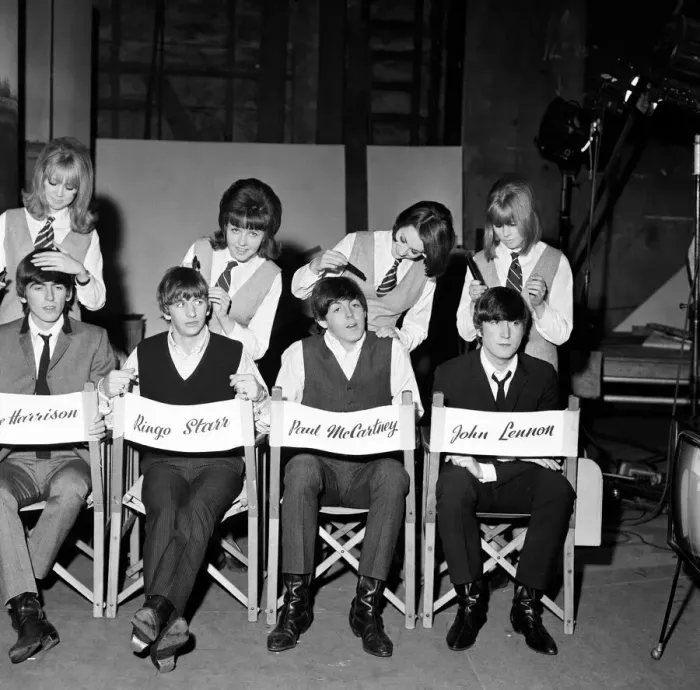 Framed Print : The Beatles being groomed at Twickenham Film Studios by Pattie Boyd Framed Print : The Beatles being groomed at Twickenham Film Studios by Pattie Boyd