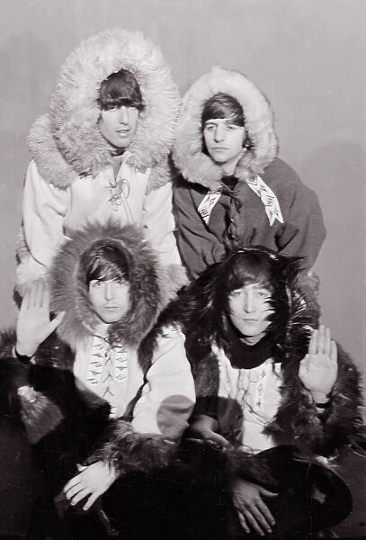 Beatles group shot wearing eskimo outfits December 1964 Top row George Harrison