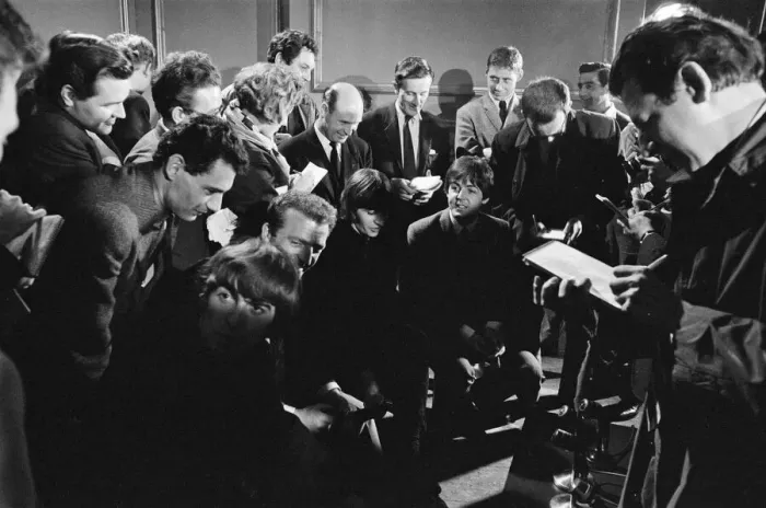 Framed Print : The Beatles hold a news press conference after it was released, this morning Framed Print : The Beatles hold a news press conference after it was released, this morning