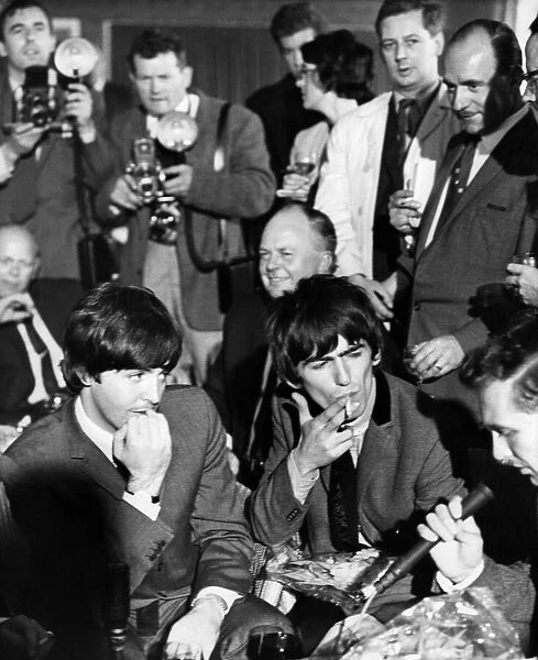 The Beatles hold a press conference at Speke Airport, Liverpool as they arrive in