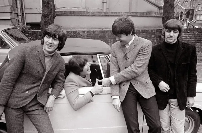 Framed Print : The Beatles by John Lennons car after he passed his L-test 15th February 1965