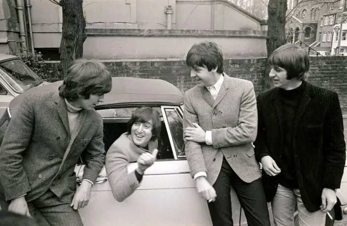 Framed Print : The Beatles by John Lennons car after he passed his L-test 15th february 1965