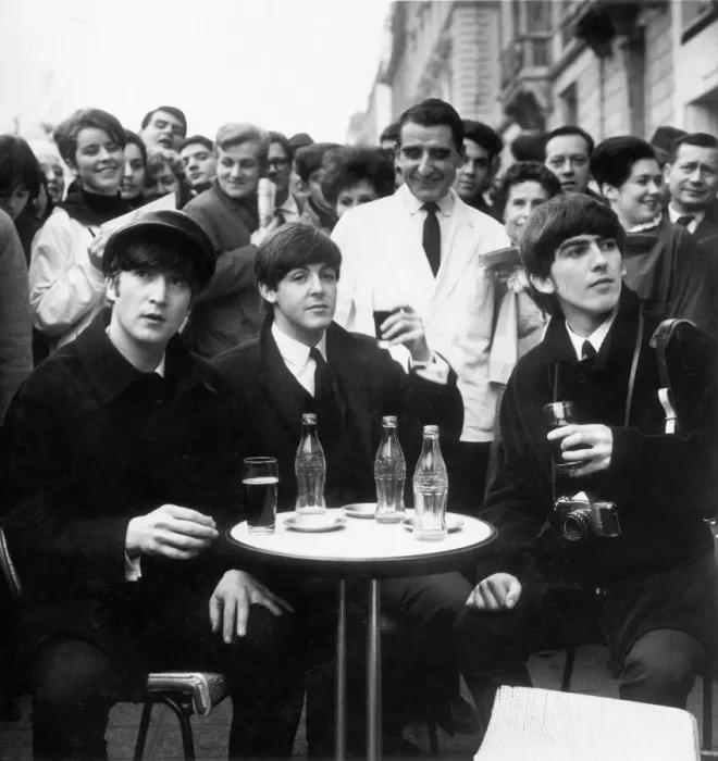 Framed Print : Three Beatles - John, Paul and George enjoy a glass of coca cola at a street cafe in Framed Print : Three Beatles - John, Paul and George enjoy a glass of coca cola at a street cafe in
