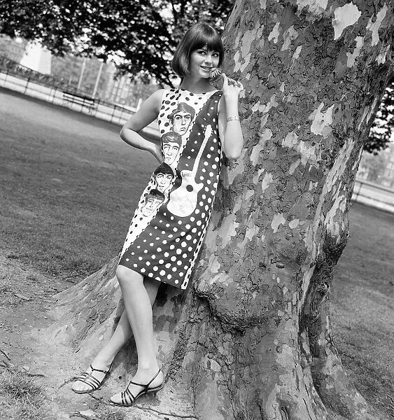 The Beatles June 1964 Sandy Hilton modeling a Beatle dress in Battersea Park
