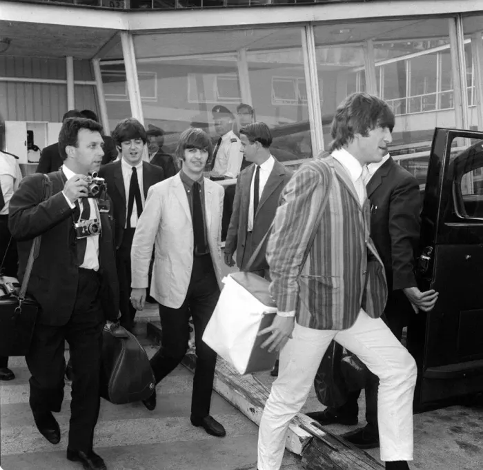 Framed Print : The Beatles at London Airport after returning home from performing in Stockholm, Sweden