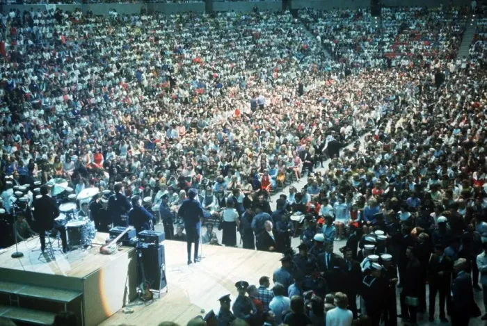 Framed Print : The Beatles play to a packed out Seattle Center during their second tour of the USA