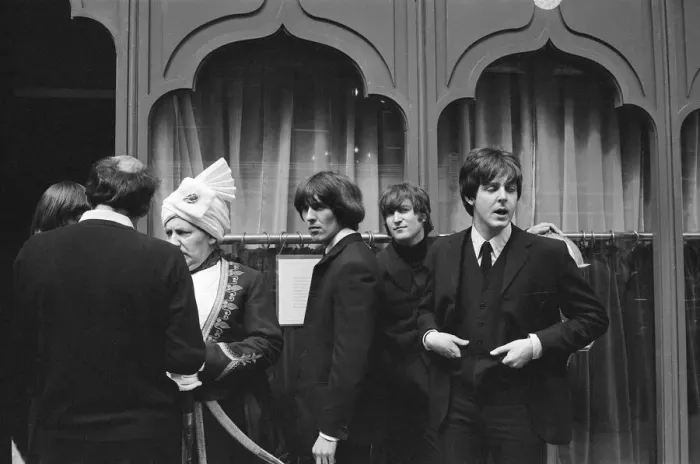 Framed Print : The Beatles on set of new film Help! 9th May 1965. The shoot moved to a side Framed Print : The Beatles on set of new film Help! 9th May 1965. The shoot moved to a side
