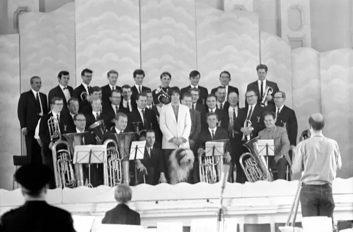 Framed Print : Beatles singer Paul McCartney conducts a brass band. July 1968 Y06397 Framed Print : Beatles singer Paul McCartney conducts a brass band. July 1968 Y06397