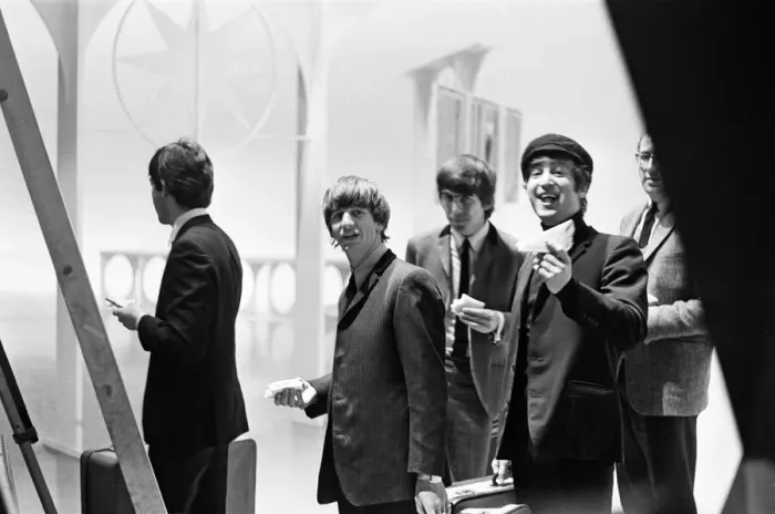 Framed Print : The Beatles, Teddington TV Studios. Break during recording of music Framed Print : The Beatles, Teddington TV Studios. Break during recording of music