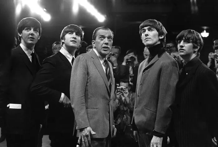 Framed Print : The Beatles with television host Ed Sullivan during their appearance on the Ed Sullivan