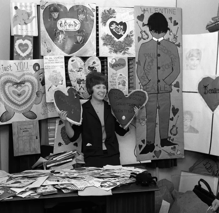 Framed Print : Beatles valentines day cards are sorted and looked trough at the fan club