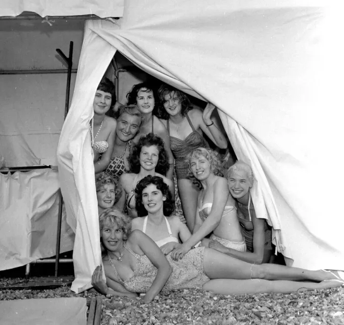Framed Print : Beauty contest girls in a changing tent at Brighton, UK. 20th July 1959 Framed Print : Beauty contest girls in a changing tent at Brighton, UK. 20th July 1959