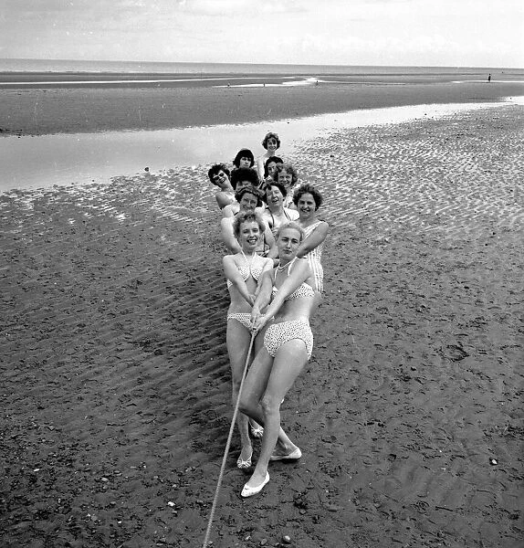 Beauty Contestants playing tug- o -war, Prestatyn. 7th August 1960