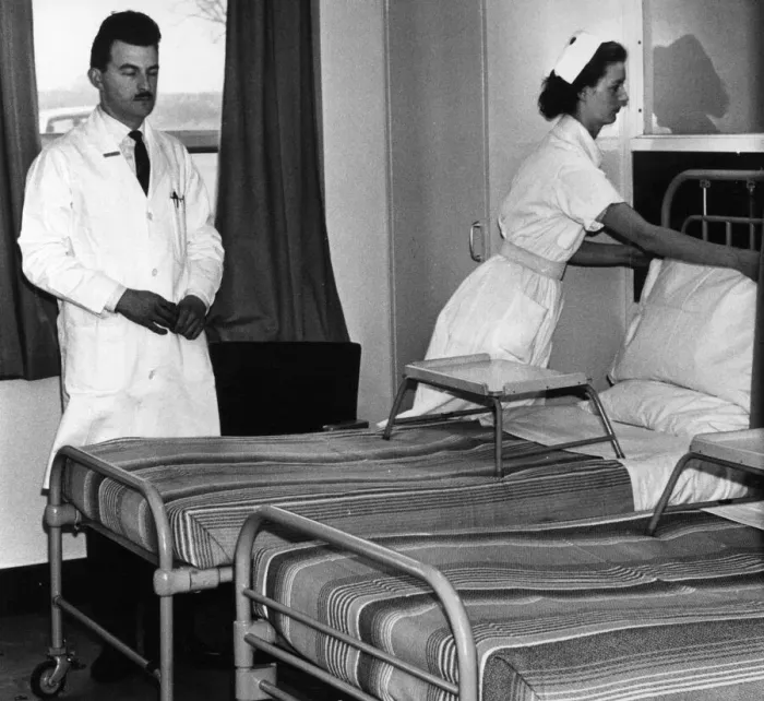 Framed Print : Beds being prepared in bed ward at Geriatrics Unit at Rubery Hill Hospital, Birmingham