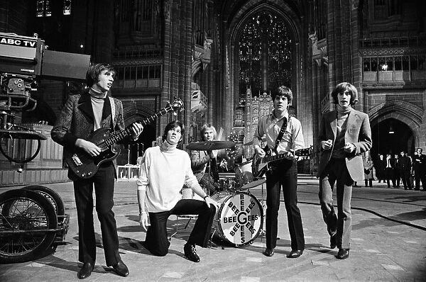 The Bee Gees perform at Liverpool Anglican Cathedral. The Bee Gees are brothers Maurice