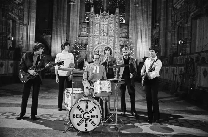 Framed Print : The Bee Gees perform at Liverpool Anglican Cathedral. The Bee Gees are brothers Maurice
