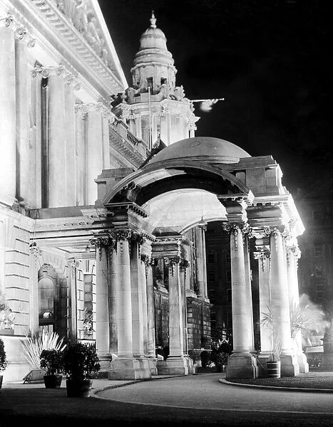 Belfast City Hall and Donecall Square seen here by night. 14th January 1938