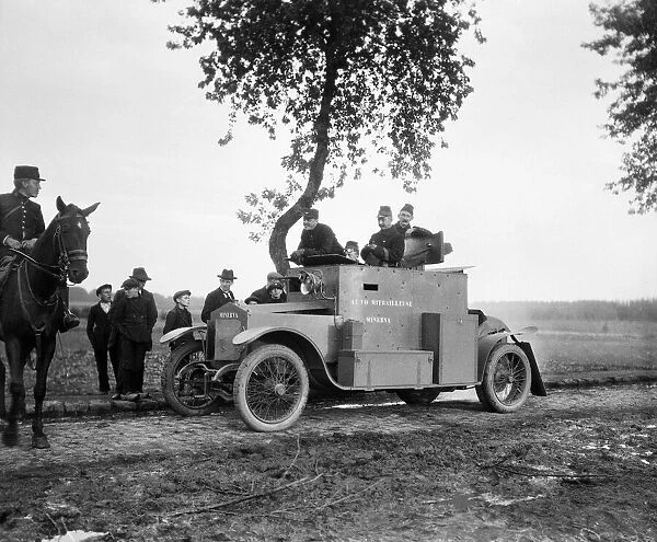 Belgian army armoured car seen here close to Termonde. circa September 1914