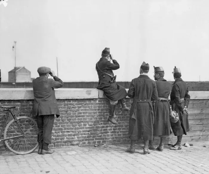 Framed Print : Belgian army officer observe the German advance from the outskirts of Louvain Framed Print : Belgian army officer observe the German advance from the outskirts of Louvain