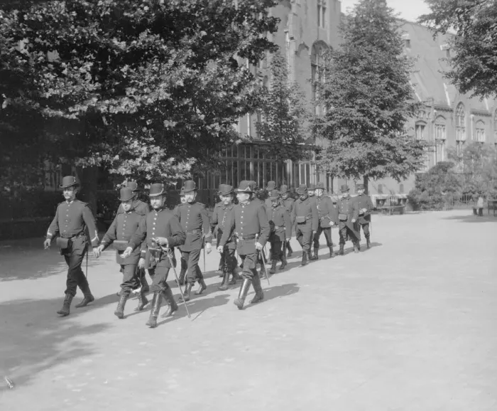Framed Print : Belgian Civil Guard contingent seen here at the temporary prison for captured German Framed Print : Belgian Civil Guard contingent seen here at the temporary prison for captured German