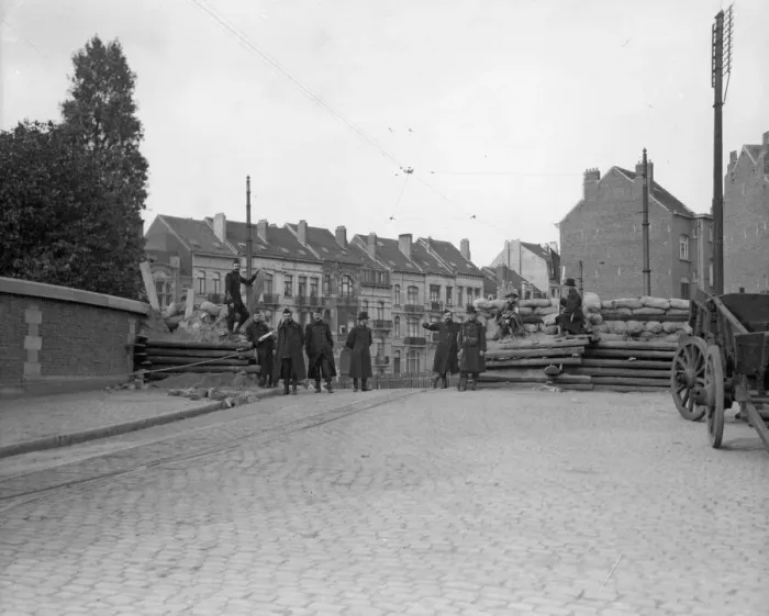 Framed Print : Belgian Civil Guards, regular army and boy scouts man a street barricade belived to be in Framed Print : Belgian Civil Guards, regular army and boy scouts man a street barricade belived to be in
