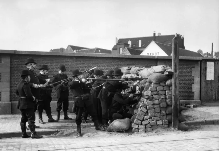 Framed Print : Belgian Civil Guards seen here manning a barricade across one of the roads leading into