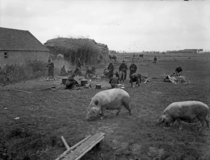 Framed Print : Belgian Field Kitchen in a farmyard. The pigs rooted quite happily