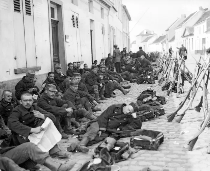Framed Print : Belgian soldiers resting after being pushed back by the advancing German Army Framed Print : Belgian soldiers resting after being pushed back by the advancing German Army