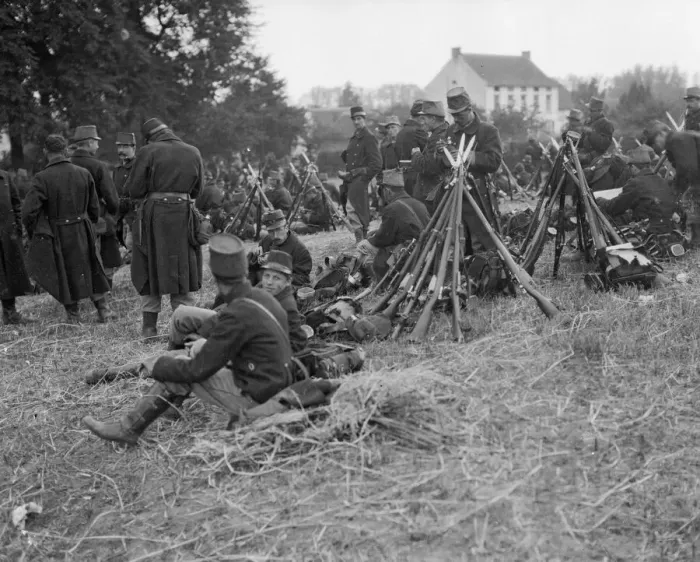 Framed Print : Belgian soldiers seen in a field close to Louvain 16th August 1914 Framed Print : Belgian soldiers seen in a field close to Louvain 16th August 1914