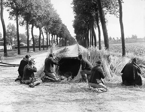 Belgian troops defending a road leading to Fort Waelham Antwerp from German attack