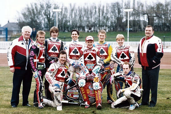 Belle Vue Aces speedway team. Back row, left to right, Don Perrin, Jason Lyons