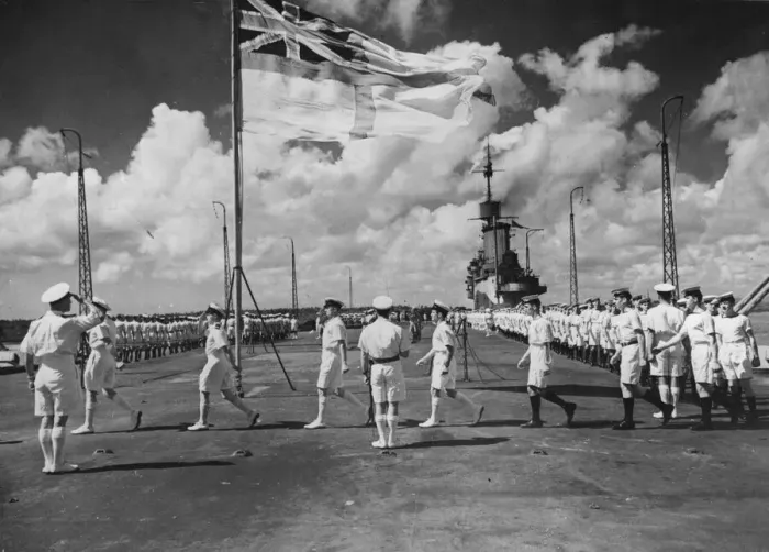 Framed Print : Beneath the White Ensign a division, led by their divisional officer Framed Print : Beneath the White Ensign a division, led by their divisional officer