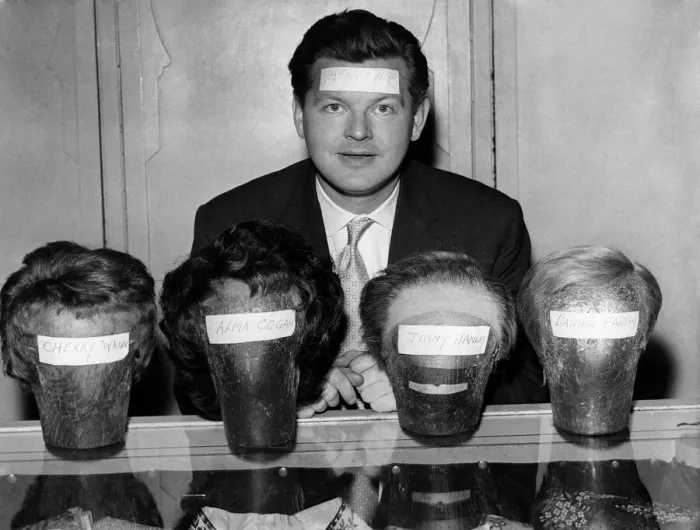 Framed Print : Benny Hill seen here with a selection of wigs. February 1959 P011505 Framed Print : Benny Hill seen here with a selection of wigs. February 1959 P011505