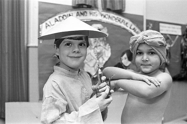 Berry Brow School Pantomime Aladdin, pictures of Aladdin and Genie. 14th December 1985
