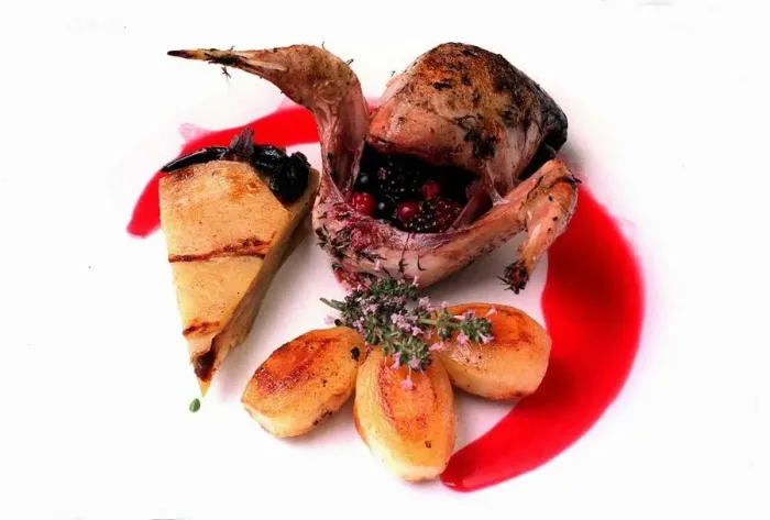Framed Print : Berry filled roast grouse with turnip gateau and potatoes August 1999 Framed Print : Berry filled roast grouse with turnip gateau and potatoes August 1999
