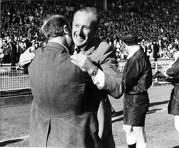 Bertie Mee Arsenal manager May 71 celebrates with coach Don Howe after completing