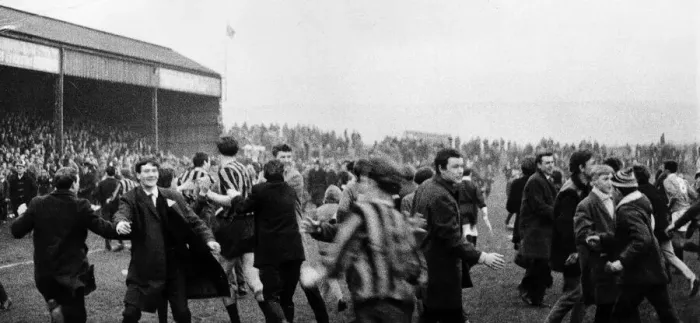 Framed Print : Berwick Rangers fans invade pitch after match January 1967 Framed Print : Berwick Rangers fans invade pitch after match January 1967