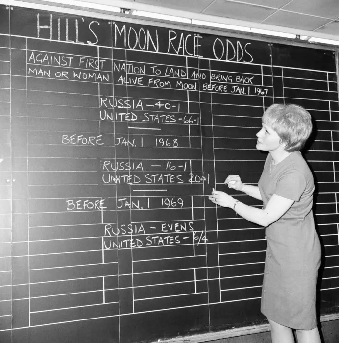 Framed Print : Betting Odds on first man to land on the moon, UK, Friday 4th February 1966 Framed Print : Betting Odds on first man to land on the moon, UK, Friday 4th February 1966