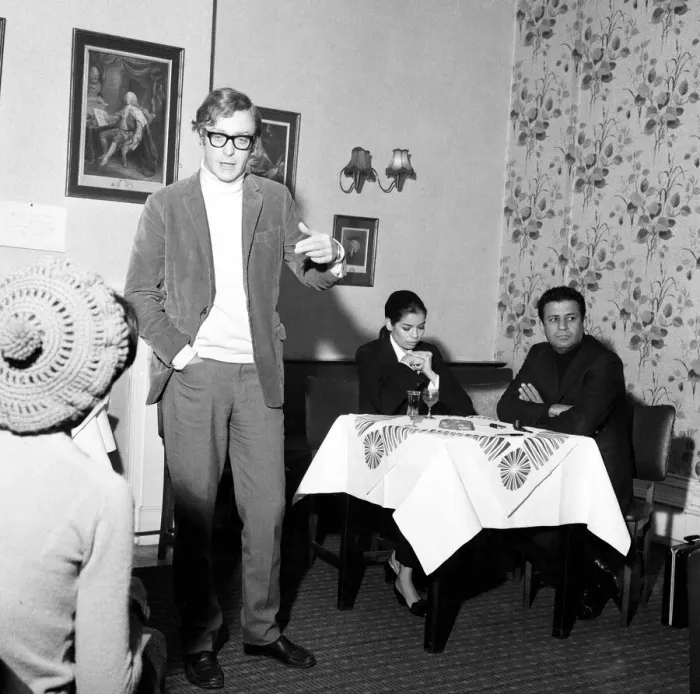 Framed Print : Biafra Christmas Ship Fund. Michael Caine answers questions with Political graduate Framed Print : Biafra Christmas Ship Fund. Michael Caine answers questions with Political graduate