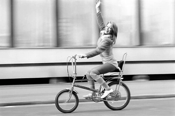 Bicycle, Chopper, Culture  /  Icon. Model Susan Sayer riding on bike. December 1971 71-12003