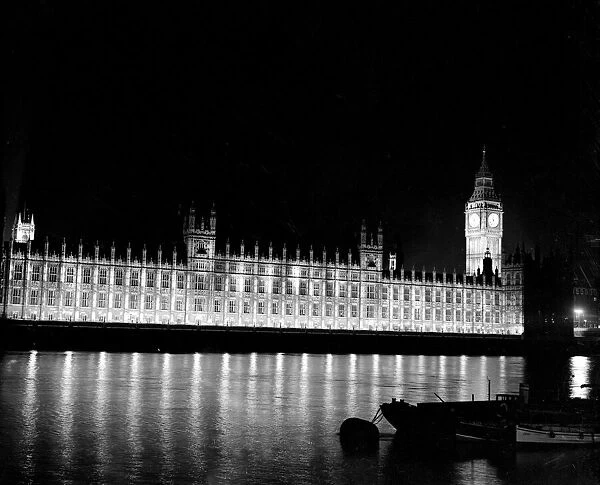 Big Ben and the Houses of Parliament lit up at night 1951 london england floodlight