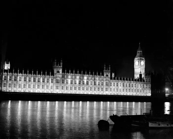 Framed Print : Big Ben and the Houses of Parliament lit up at night 1951 london england floodlight