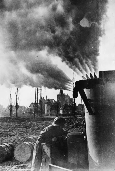 Framed Print : Behind the biggest smoke screen in the history of war, British armour Framed Print : Behind the biggest smoke screen in the history of war, British armour