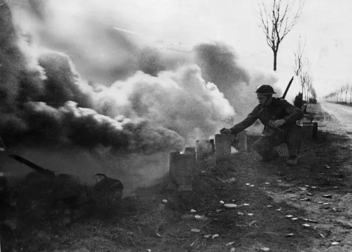 Framed Print : Behind the biggest smoke screen in the history of war, British armour Framed Print : Behind the biggest smoke screen in the history of war, British armour