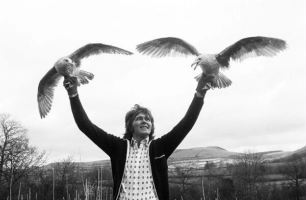 Billy Fury Feb 1977 ex pop star on the farm with two gulls