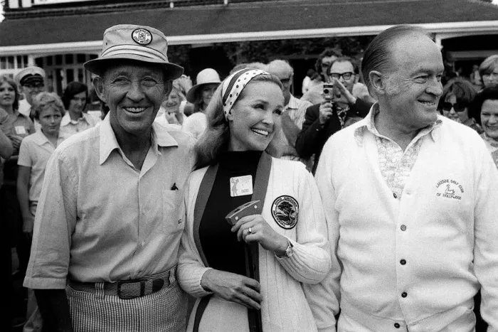 Framed Print : Bing Crosby and Bob Hope in Sunningdale 1975 to open Colgate European womens golf Framed Print : Bing Crosby and Bob Hope in Sunningdale 1975 to open Colgate European womens golf