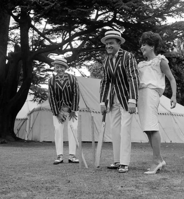 Framed Print : Bing Crosby, Joan Collins and Bob Hope playing cricket during a break in filming on