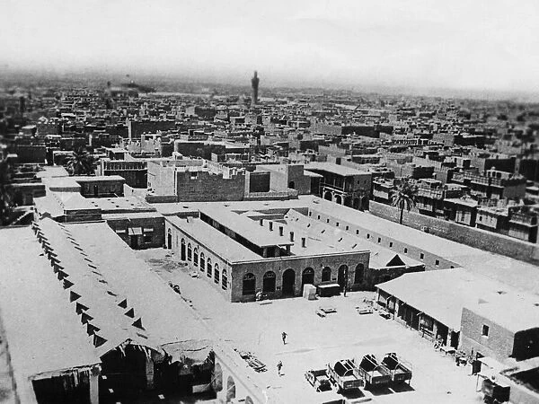A birds eye view of Baghdad, with the Abdul Qadir Jilani mosque in the distance