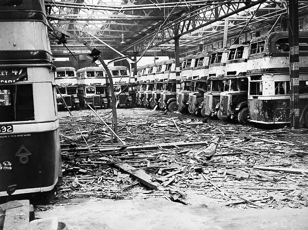 Birmingham Blitz during the Second World War. Highgate Road bus garage following
