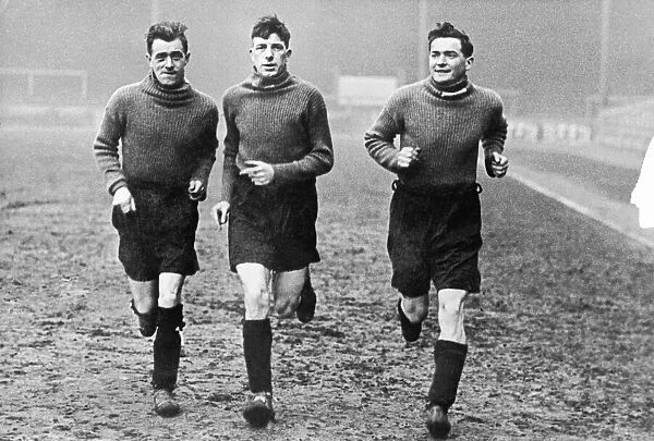 Birmingham City footballers Johnny Crosbie, Stan Davies and Joe Bradford in training